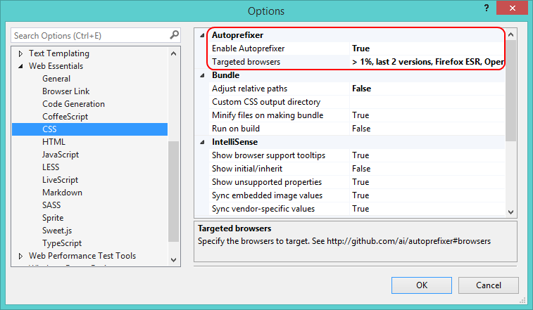 Autoprefixer options in the Web Essentials 2013